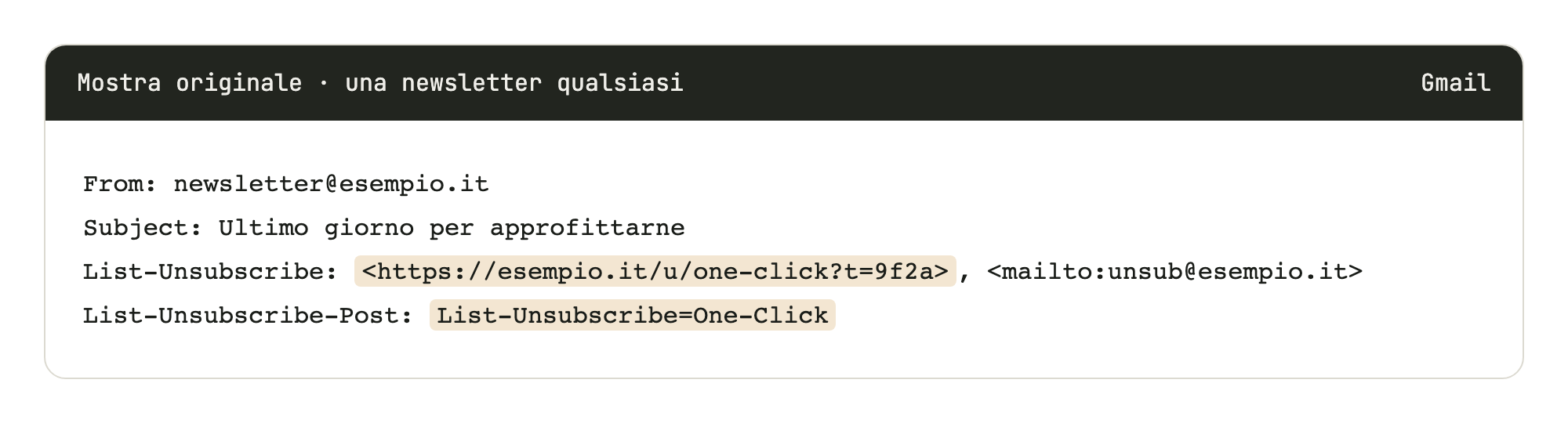 Gli header di una newsletter: List-Unsubscribe e List-Unsubscribe-Post evidenziati