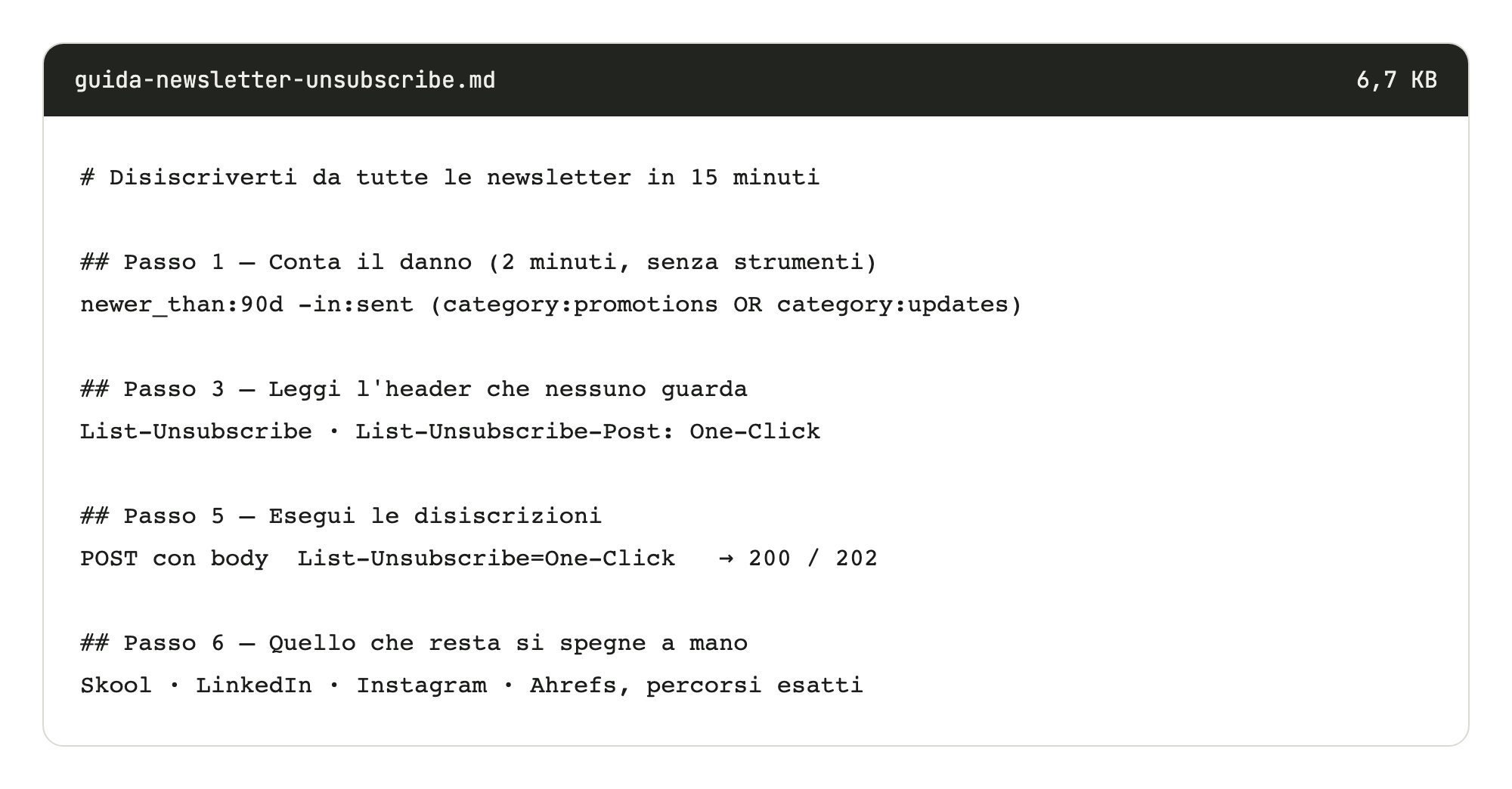 Anteprima della guida in formato markdown con i passi e il prompt