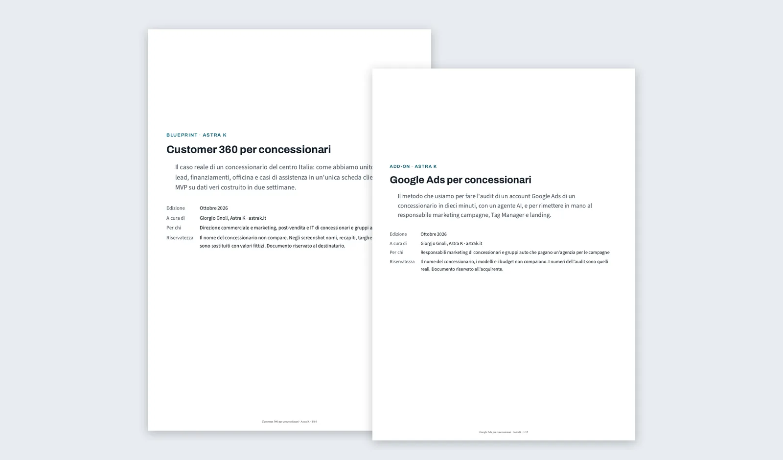 Copertine della blueprint Customer 360 e dell'add-on Google Ads per concessionari