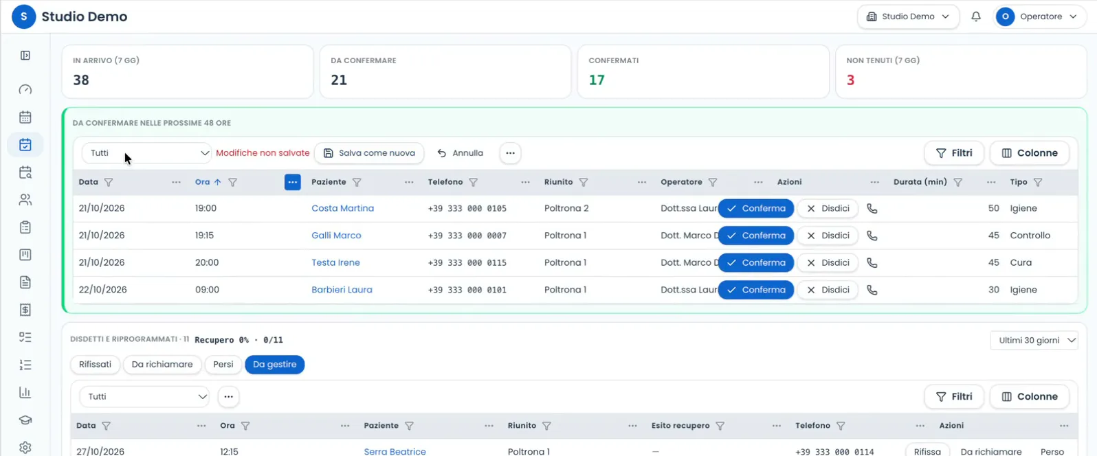 Pagina conferme con appuntamenti da confermare e disdette da recuperare