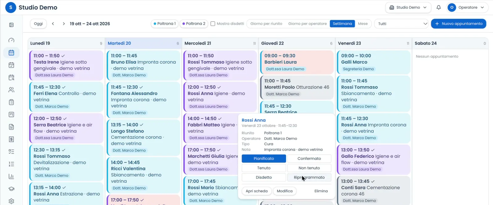 Agenda settimanale con il menu degli stati dell'appuntamento aperto