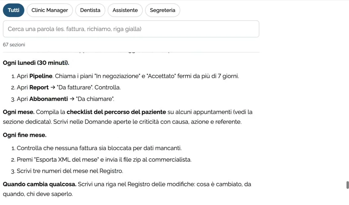 Manuale dei protocolli dello studio, con i filtri per ruolo e la routine del lunedì