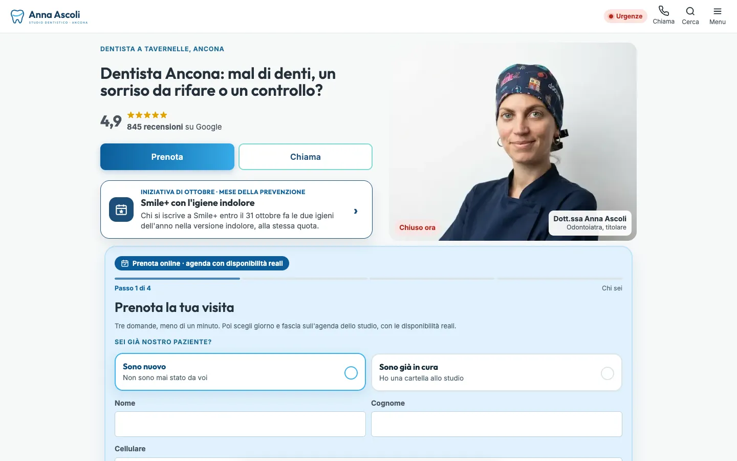 Home di un sito dentistico con prenotazione online in quattro passi